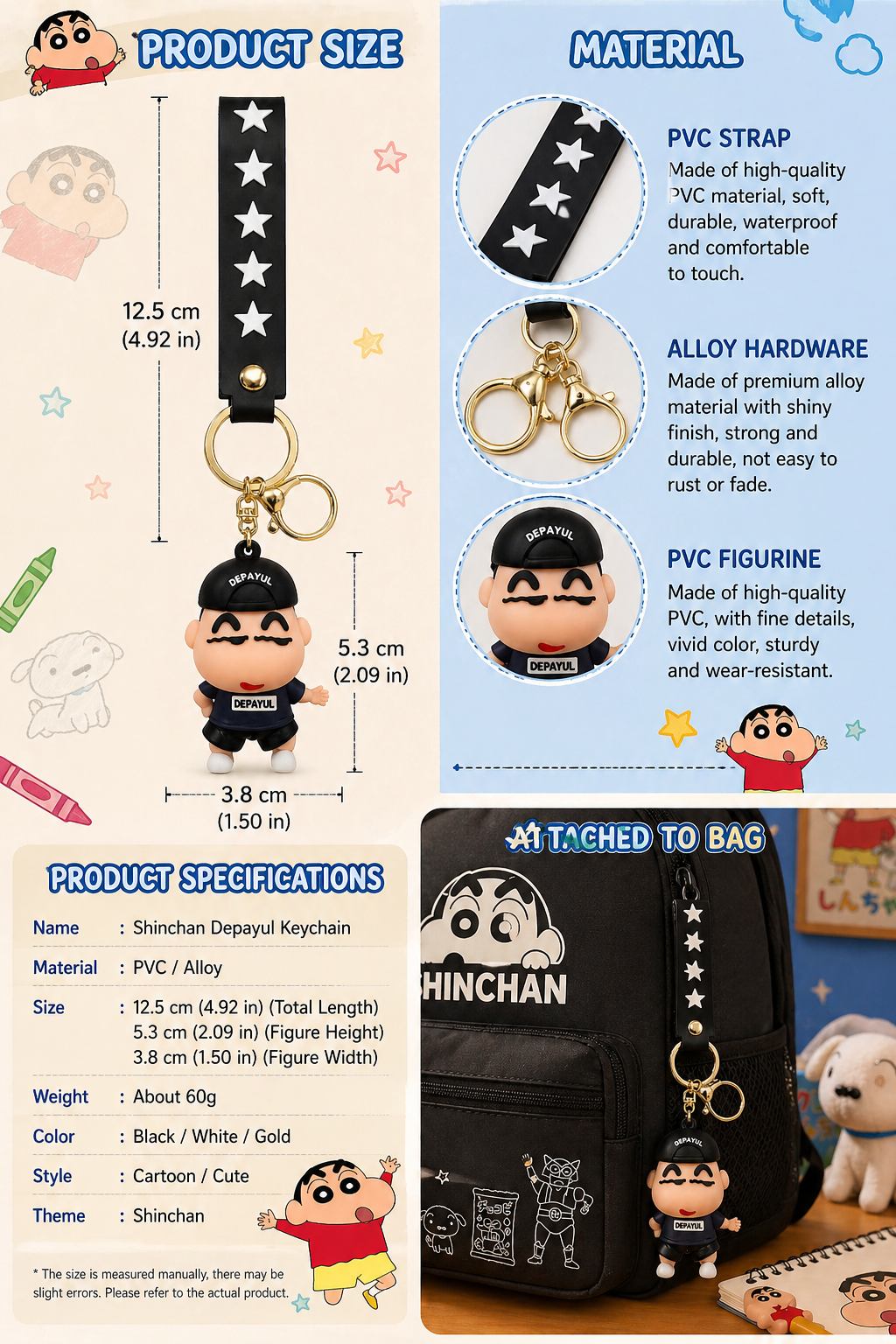 Shinchan Depayul Keychain | Cute Cartoon Character PVC Charm with Black Star Strap & Gold Metal Clasp | Bag Charm, Key Holder, Backpack Accessory & Gift for Kids