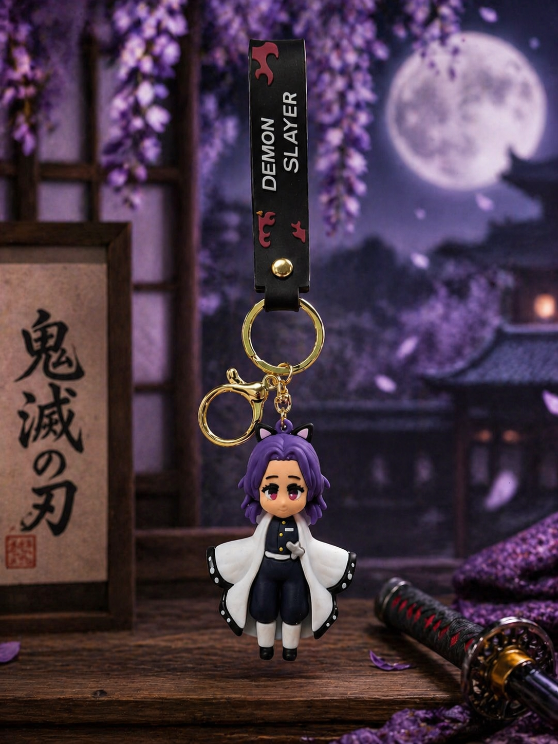 Demon Slayer Shinobu Kocho Keychain | Cute PVC Anime Figurine Charm with Soft Strap, Alloy Ring & Clasp | Backpack Accessory Gift for Anime Fans