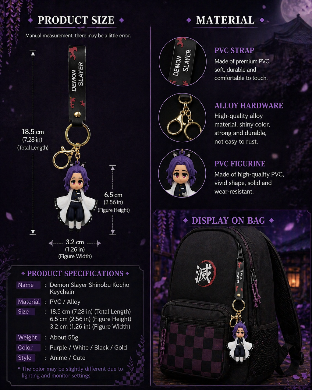 Demon Slayer Shinobu Kocho Keychain | Cute PVC Anime Figurine Charm with Soft Strap, Alloy Ring & Clasp | Backpack Accessory Gift for Anime Fans