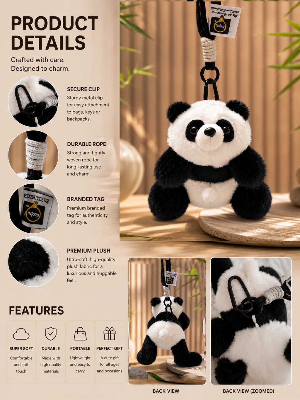 Panda Plush Keychain | Cute Soft Panda Bag Charm with Secure Clip & Durable Rope | Fluffy Hanging Toy for Backpack, Keys, Handbag, Car Decor & Gifting