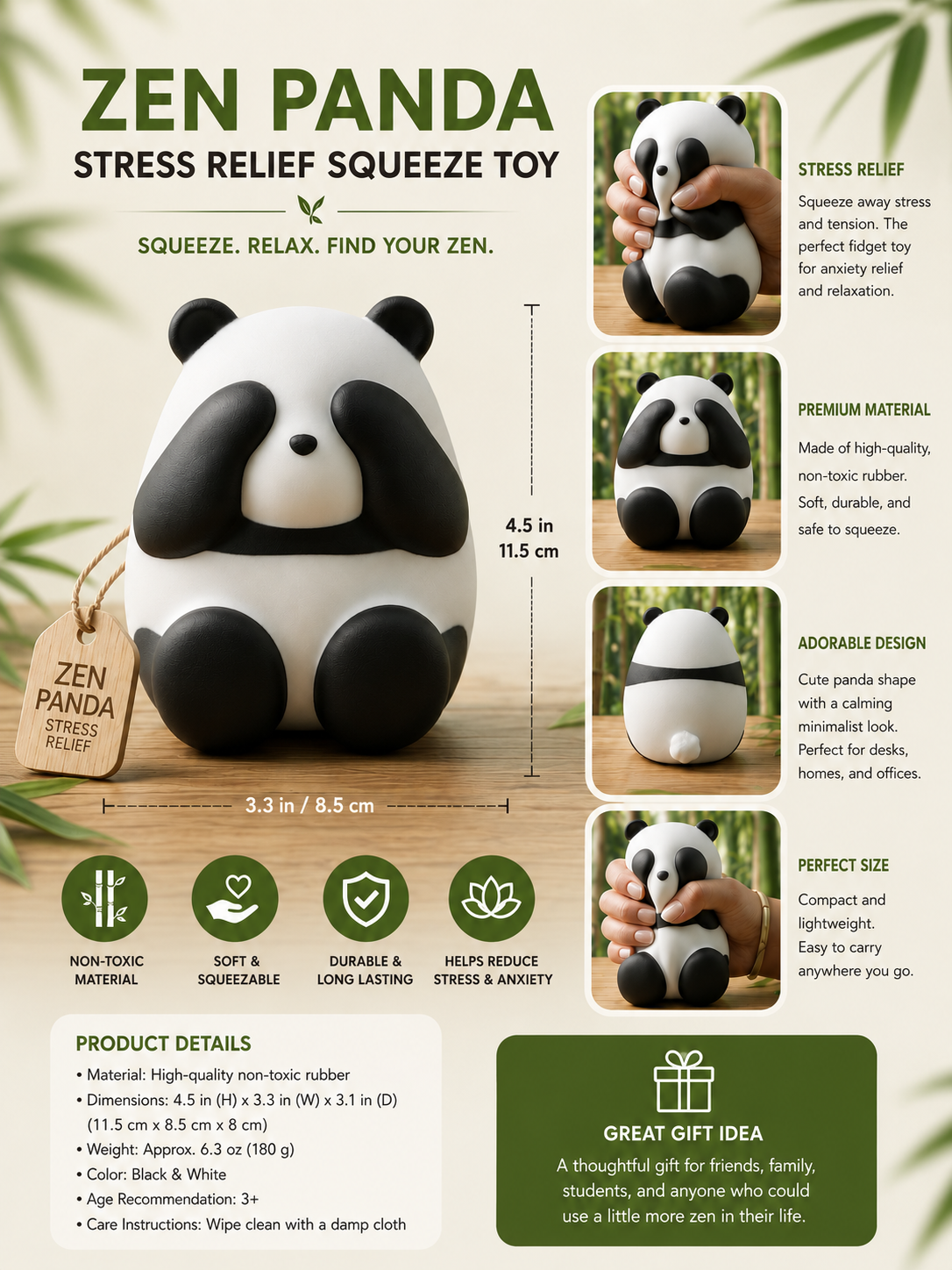 Panda Squishy Stress Relief Toy | Soft Squeezable Panda Fidget Toy for Kids & Adults | Anxiety Relief Sensory Toy, Office Desk Toy & Gift