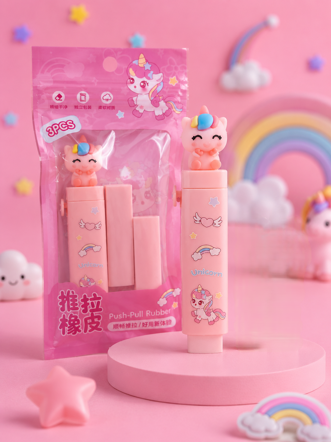 Unicorn Push Pull Eraser for Kids | Cute Pink Cartoon Eraser with 2 Refill Eraser Sticks | Soft Rubber School Stationery for Girls, Students, Pencil Box, Return Gifts & Party Favors