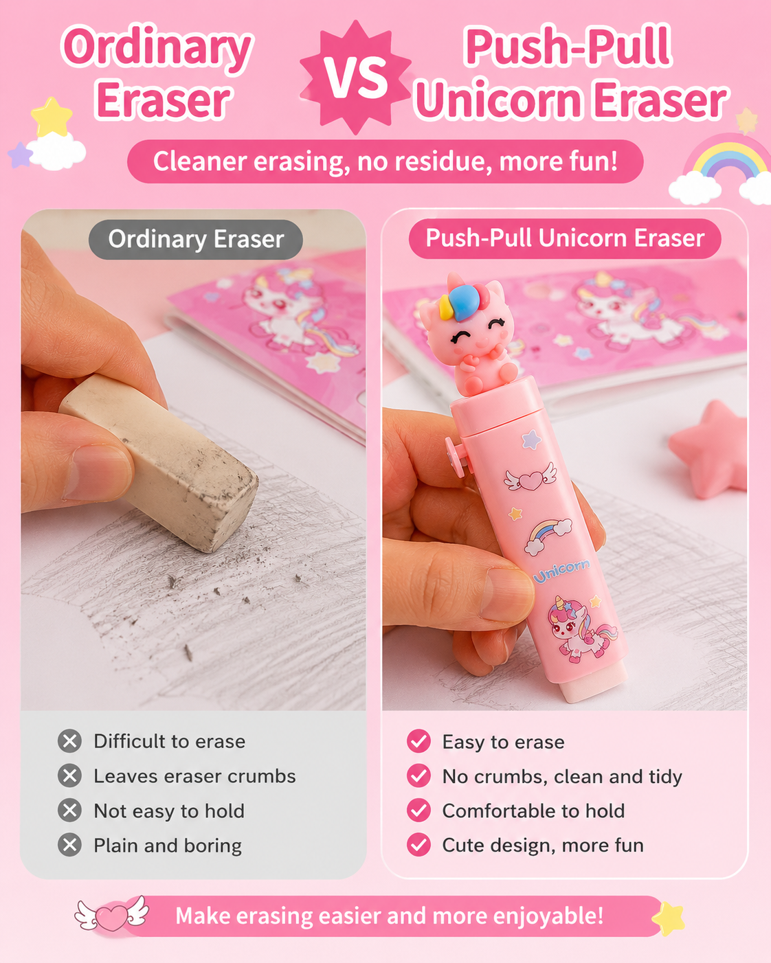 Unicorn Push Pull Eraser for Kids | Cute Pink Cartoon Eraser with 2 Refill Eraser Sticks | Soft Rubber School Stationery for Girls, Students, Pencil Box, Return Gifts & Party Favors