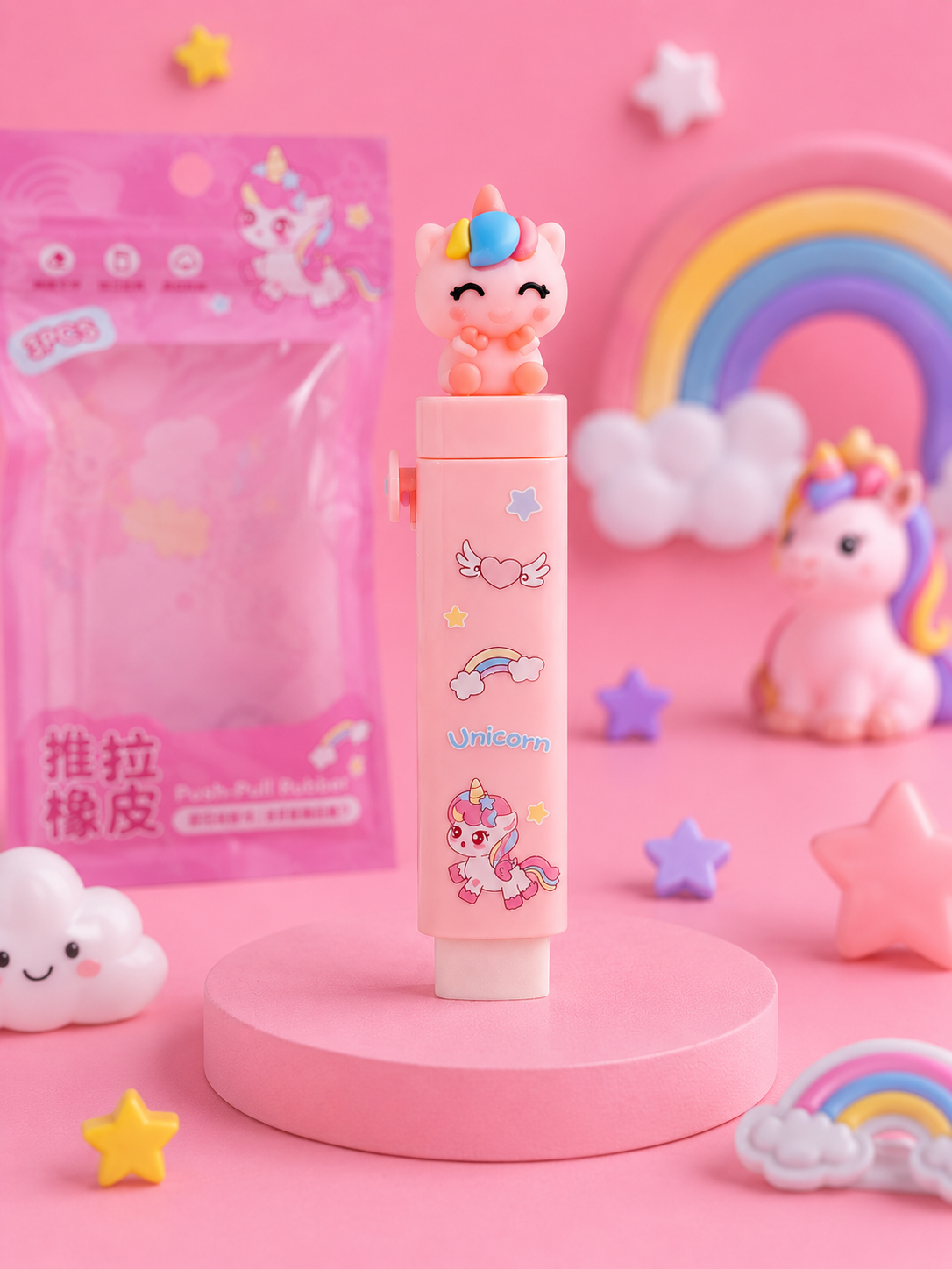 Unicorn Push Pull Eraser for Kids | Cute Pink Cartoon Eraser with 2 Refill Eraser Sticks | Soft Rubber School Stationery for Girls, Students, Pencil Box, Return Gifts & Party Favors