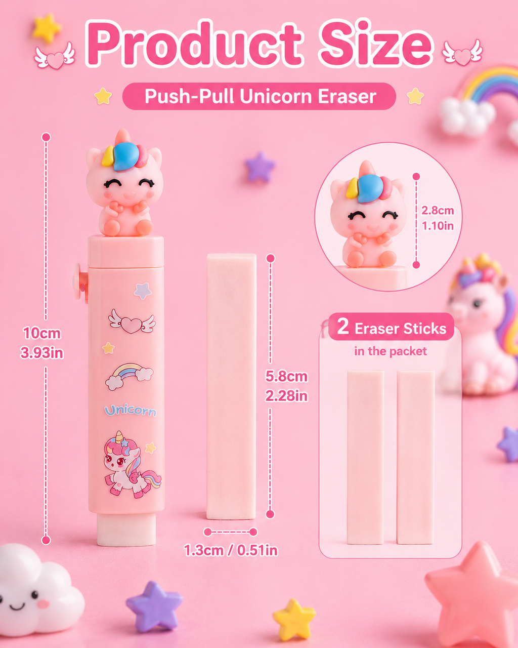 (pack of 2) Cartoon Push Pull Eraser Combo for Kids | Unicorn & Astronaut Theme Eraser Set with Refill Sticks | Cute School Stationery Rubber Eraser for Boys, Girls, Students, Pencil Box & Return Gifts