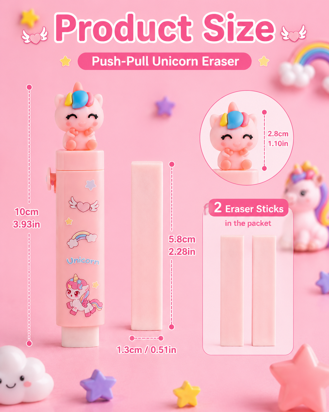 (pack of 2) Cartoon Push Pull Eraser Combo for Kids | Unicorn & Astronaut Theme Eraser Set with Refill Sticks | Cute School Stationery Rubber Eraser for Boys, Girls, Students, Pencil Box & Return Gifts