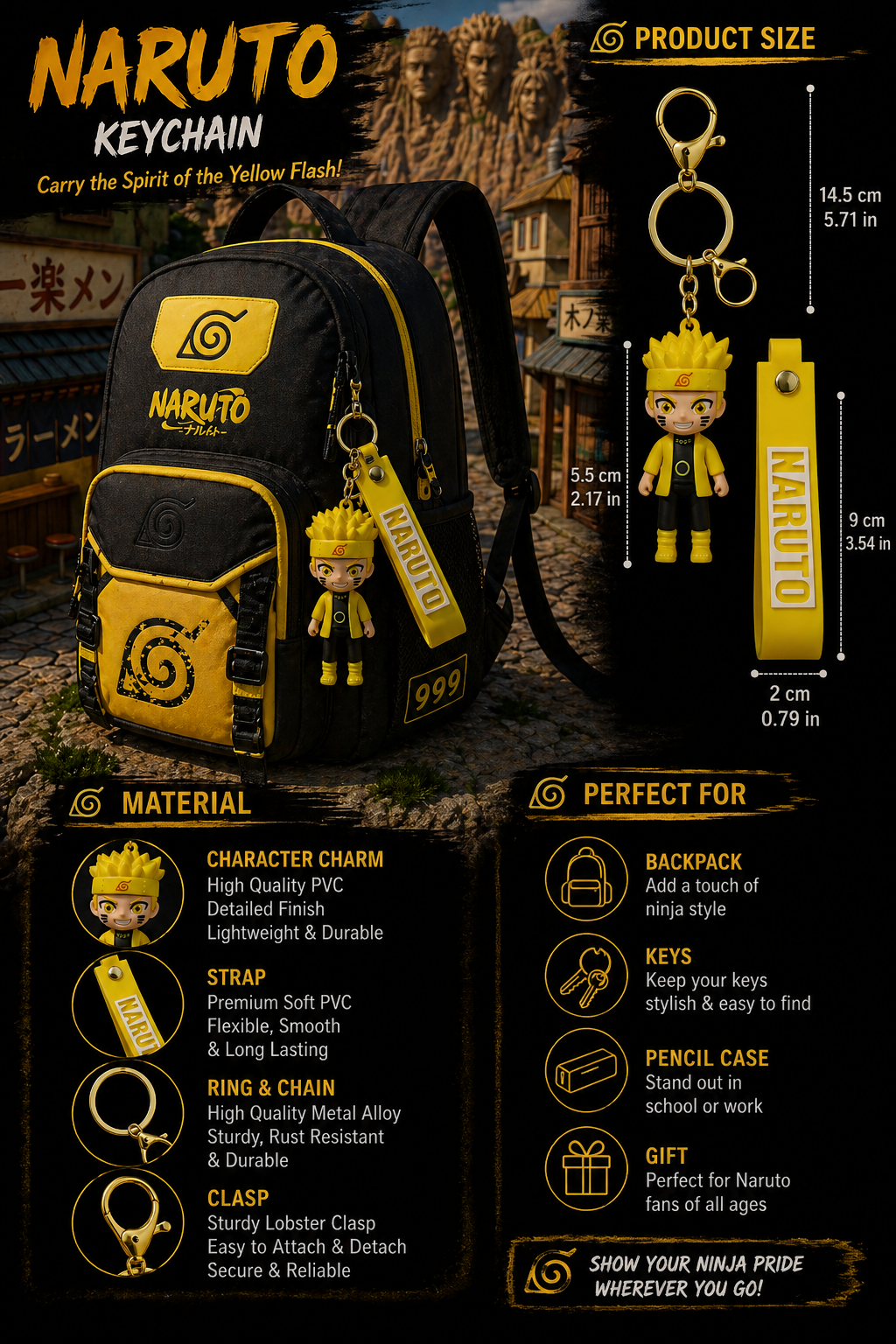 Naruto Anime Keychain | Yellow Ninja Character PVC Charm with Soft Strap & Metal Key Ring | Stylish Backpack, Keys, School Bag, Pencil Case Accessory for Kids & Fans