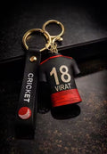 Virat 18 Cricket Jersey Keychain | Black Cricket Shirt Charm Key Ring with PU Strap & Gold Metal Clasp | Bag Accessory, Key Holder, Car Decor & Gift for Cricket Fans