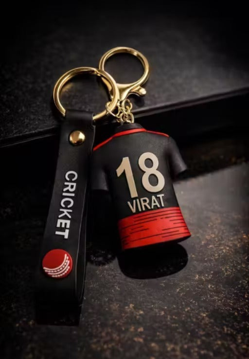 Virat 18 Cricket Jersey Keychain | Black Cricket Shirt Charm Key Ring with PU Strap & Gold Metal Clasp | Bag Accessory, Key Holder, Car Decor & Gift for Cricket Fans