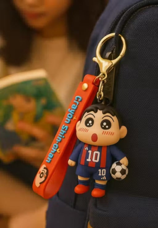 Shinchan Football Keychain with Messi 10 Jersey | Cute Cartoon Soccer Character Charm with Silicone Strap & Metal Key Ring | Backpack, Keys, Car Hanging & Gifting