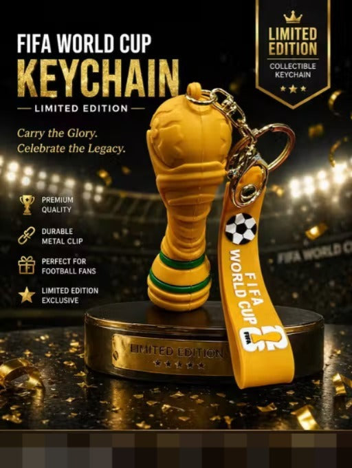FIFA World Cup Trophy Keychain | Golden Football Trophy Charm Key Ring with Yellow Strap & Metal Clasp | Limited Edition Style Bag Accessory, Key Holder, Car Decor & Gift for Football Fans