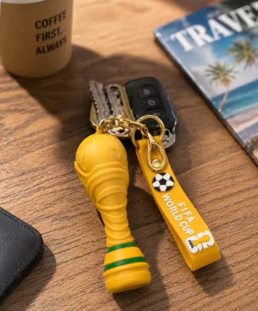 FIFA World Cup Trophy Keychain | Golden Football Trophy Charm Key Ring with Yellow Strap & Metal Clasp | Limited Edition Style Bag Accessory, Key Holder, Car Decor & Gift for Football Fans