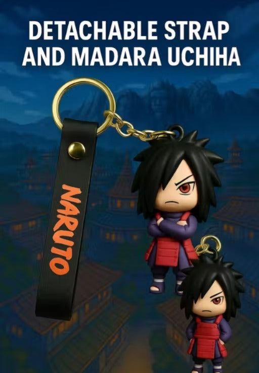 Madara Uchiha Naruto Keychain | Anime Character PVC Charm with Detachable Black Strap & Gold Metal Key Ring | Bag Charm, Key Holder, Backpack Accessory & Gift for Anime Fans