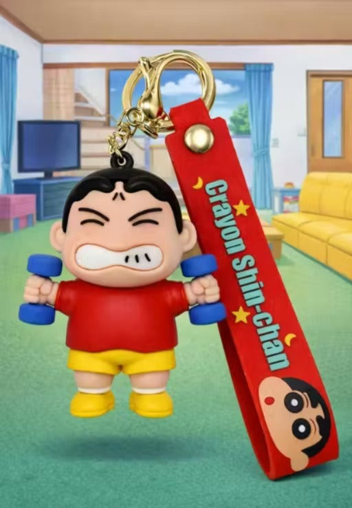 Shinchan Dumbbell Keychain | Cute Cartoon Gym Character Charm with Red Silicone Strap & Metal Key Ring | Backpack, Keys, Car Hanging & Gifting