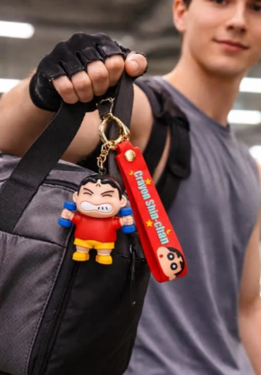 Shinchan Dumbbell Keychain | Cute Cartoon Gym Character Charm with Red Silicone Strap & Metal Key Ring | Backpack, Keys, Car Hanging & Gifting