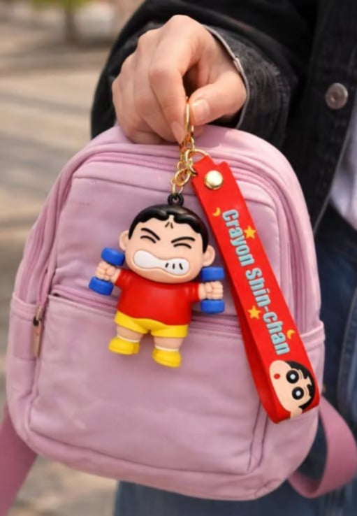 Shinchan Dumbbell Keychain | Cute Cartoon Gym Character Charm with Red Silicone Strap & Metal Key Ring | Backpack, Keys, Car Hanging & Gifting