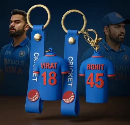 (Pack of 2) Virat 18 & Rohit 45 Cricket Jersey Keychain Combo | Blue Cricket Shirt Charm Key Rings with Strap & Metal Clasp | Bag Accessory, Key Holder, Car Decor & Gift for Cricket Fans