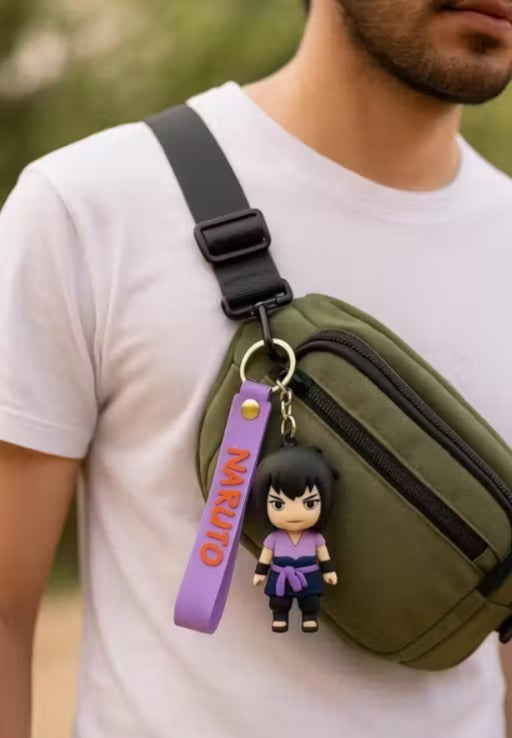 Naruto Sasuke Uchiha Keychain | Cute Anime Warrior Character Charm with Detachable Purple Strap, Metal Ring & Clasp | Backpack, Keys & Gifting