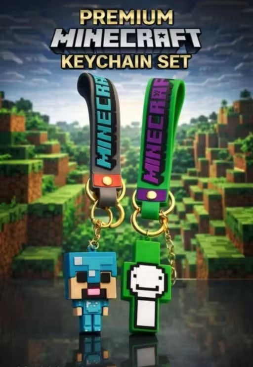 (Pack of 2) Steve and Dream Minecraft Keychain Set | Pixel Game Character PVC Charms with Silicone Straps & Gold Metal Key Rings | Bag Charm, Key Holder, Backpack Accessory & Gift for Kids & Gamers