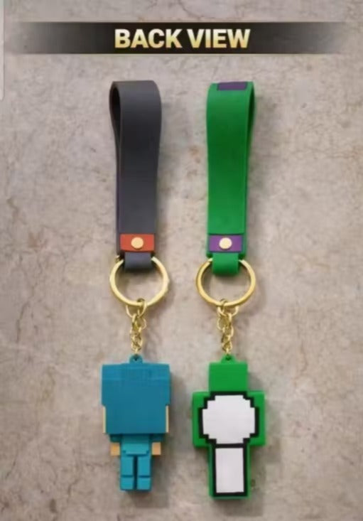 (Pack of 2) Steve and Dream Minecraft Keychain Set | Pixel Game Character PVC Charms with Silicone Straps & Gold Metal Key Rings | Bag Charm, Key Holder, Backpack Accessory & Gift for Kids & Gamers