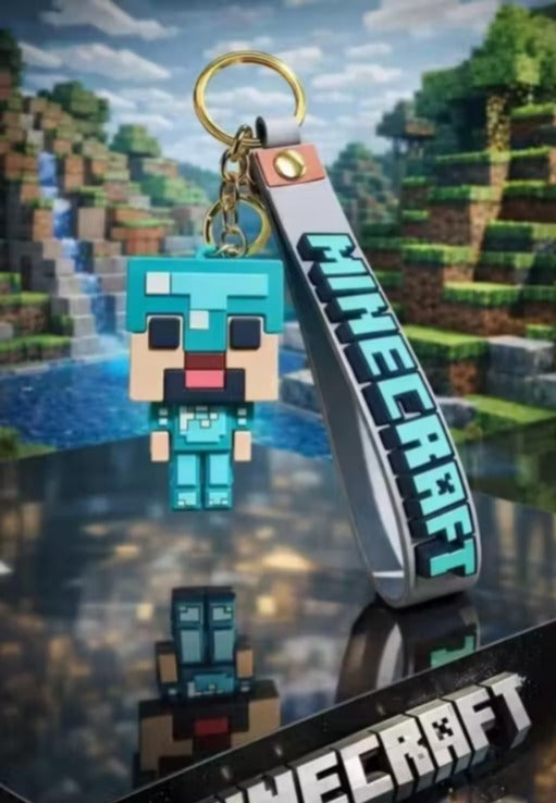 (Pack of 2) Steve and Dream Minecraft Keychain Set | Pixel Game Character PVC Charms with Silicone Straps & Gold Metal Key Rings | Bag Charm, Key Holder, Backpack Accessory & Gift for Kids & Gamers