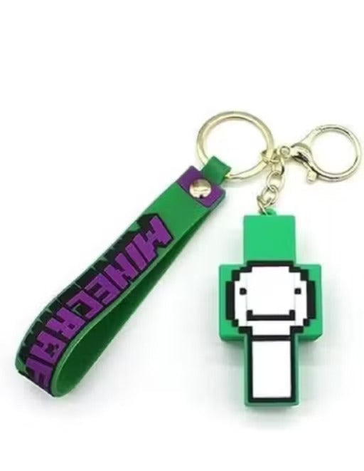 (Pack of 2) Steve and Dream Minecraft Keychain Set | Pixel Game Character PVC Charms with Silicone Straps & Gold Metal Key Rings | Bag Charm, Key Holder, Backpack Accessory & Gift for Kids & Gamers