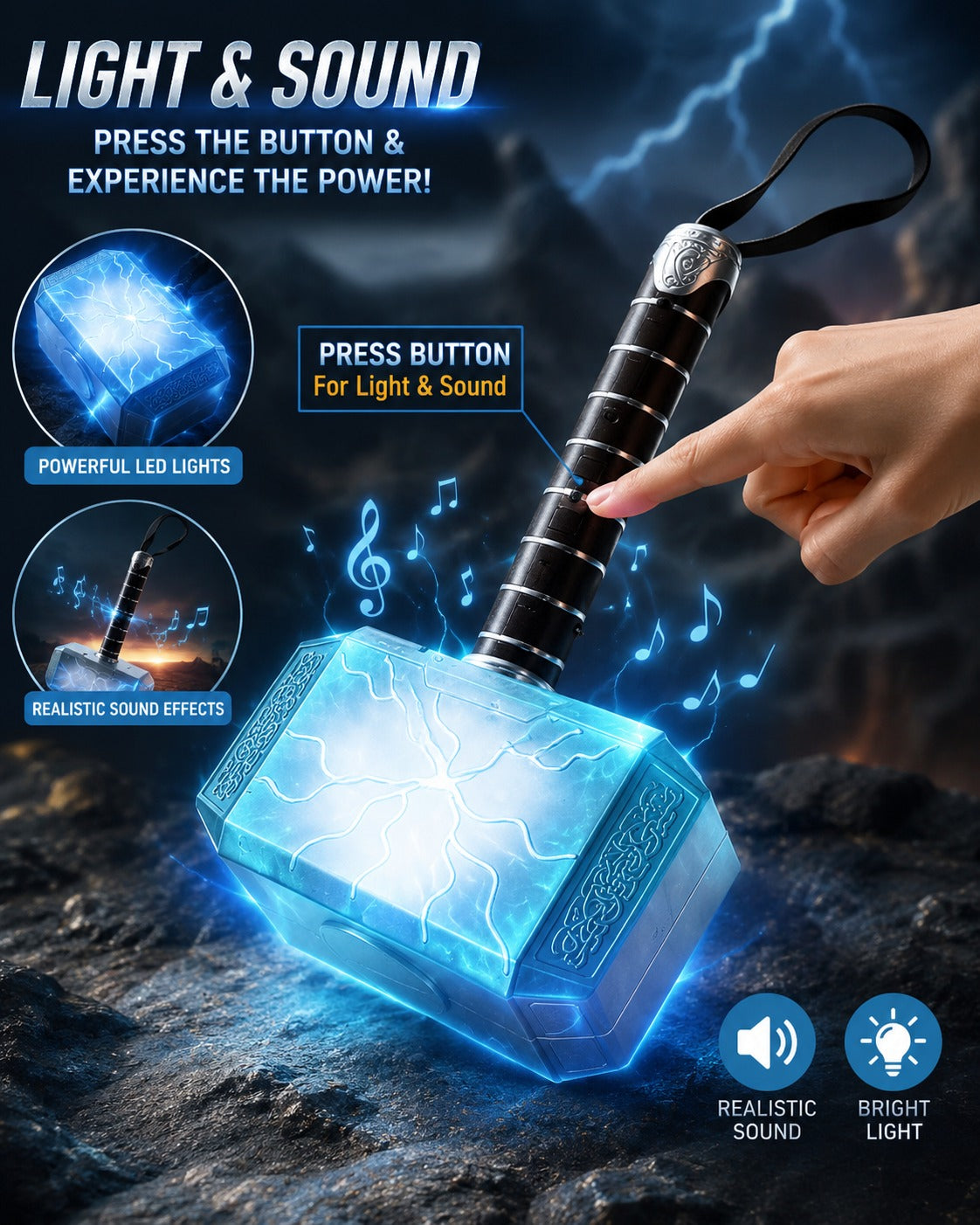28 CM Thor Hammer Toy with LED Light & Sound Effects | Plastic Mjolnir Hammer for Kids & Marvel Fans | Battery Operated Cosplay, Role Play & Gift