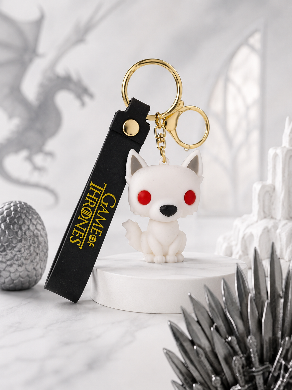 Game of Thrones White Direwolf Keychain | Cute PVC Wolf Character Charm with PU Leather Strap & Gold-Tone Hardware | Collectible Gift for Fans