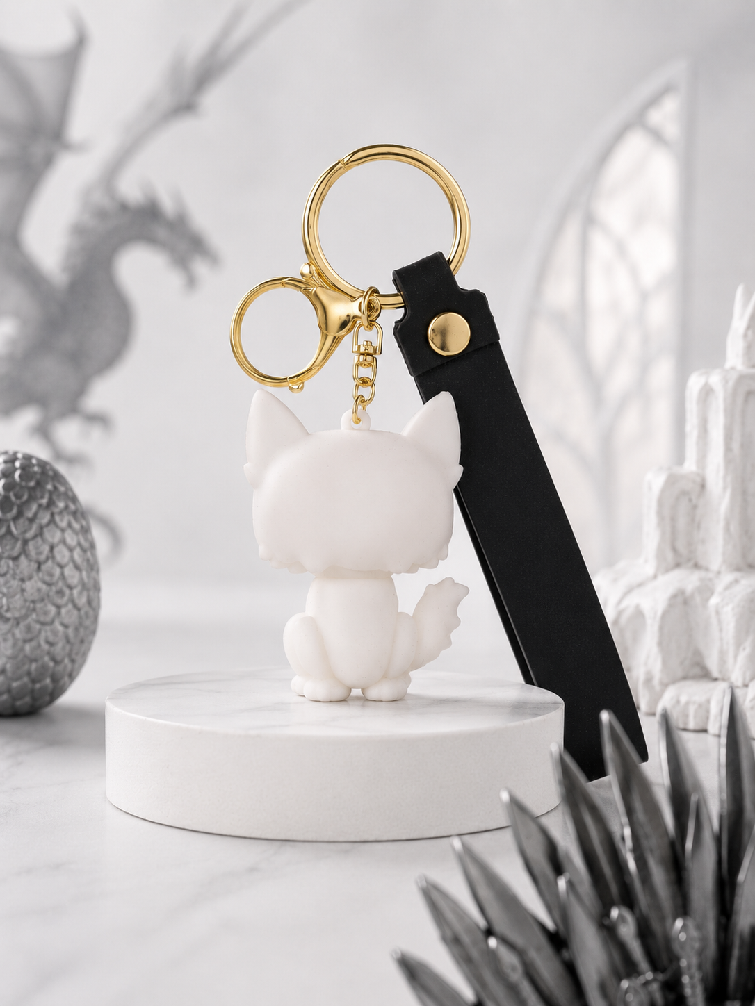 Game of Thrones White Direwolf Keychain | Cute PVC Wolf Character Charm with PU Leather Strap & Gold-Tone Hardware | Collectible Gift for Fans