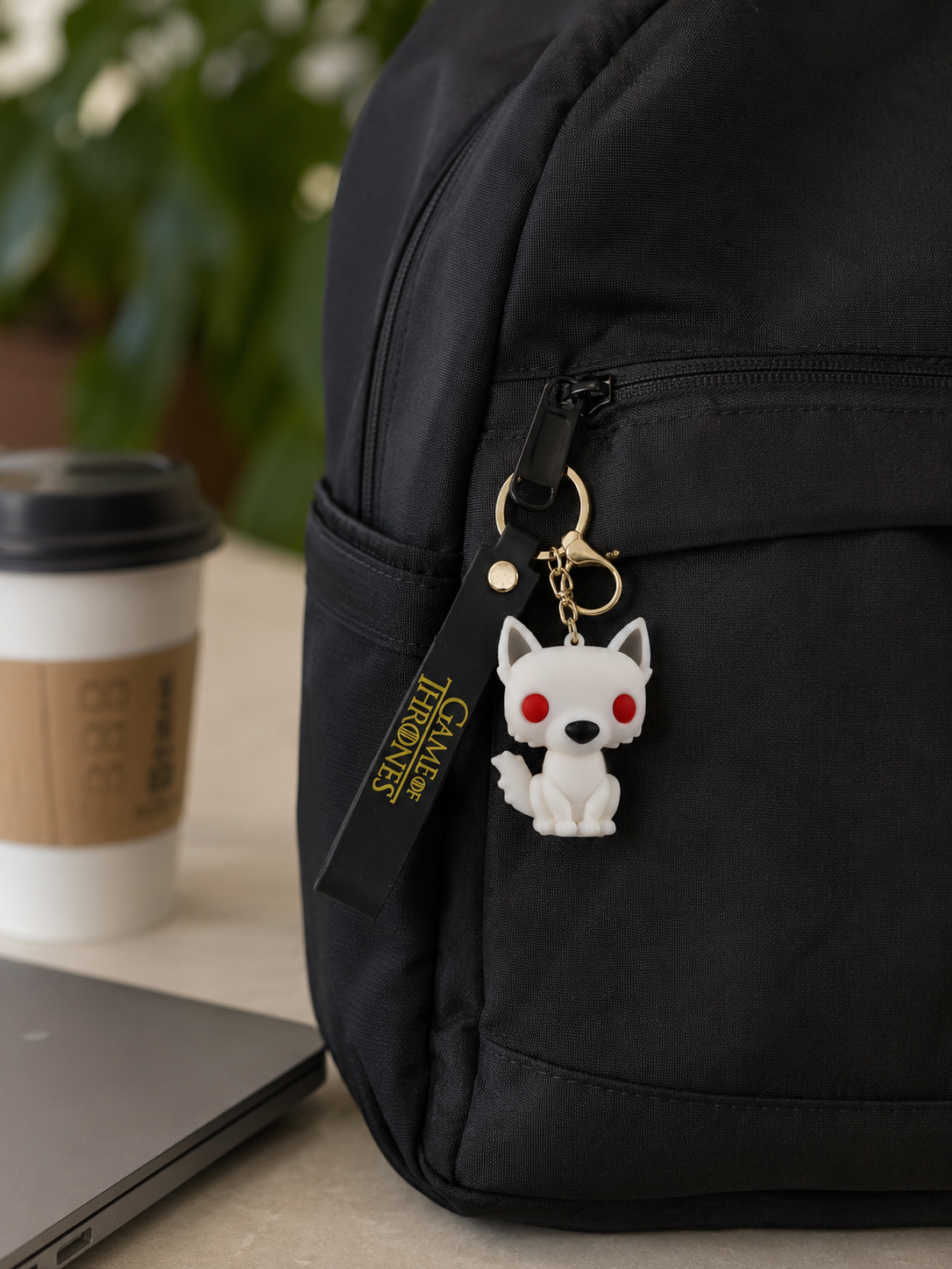 Game of Thrones White Direwolf Keychain | Cute PVC Wolf Character Charm with PU Leather Strap & Gold-Tone Hardware | Collectible Gift for Fans