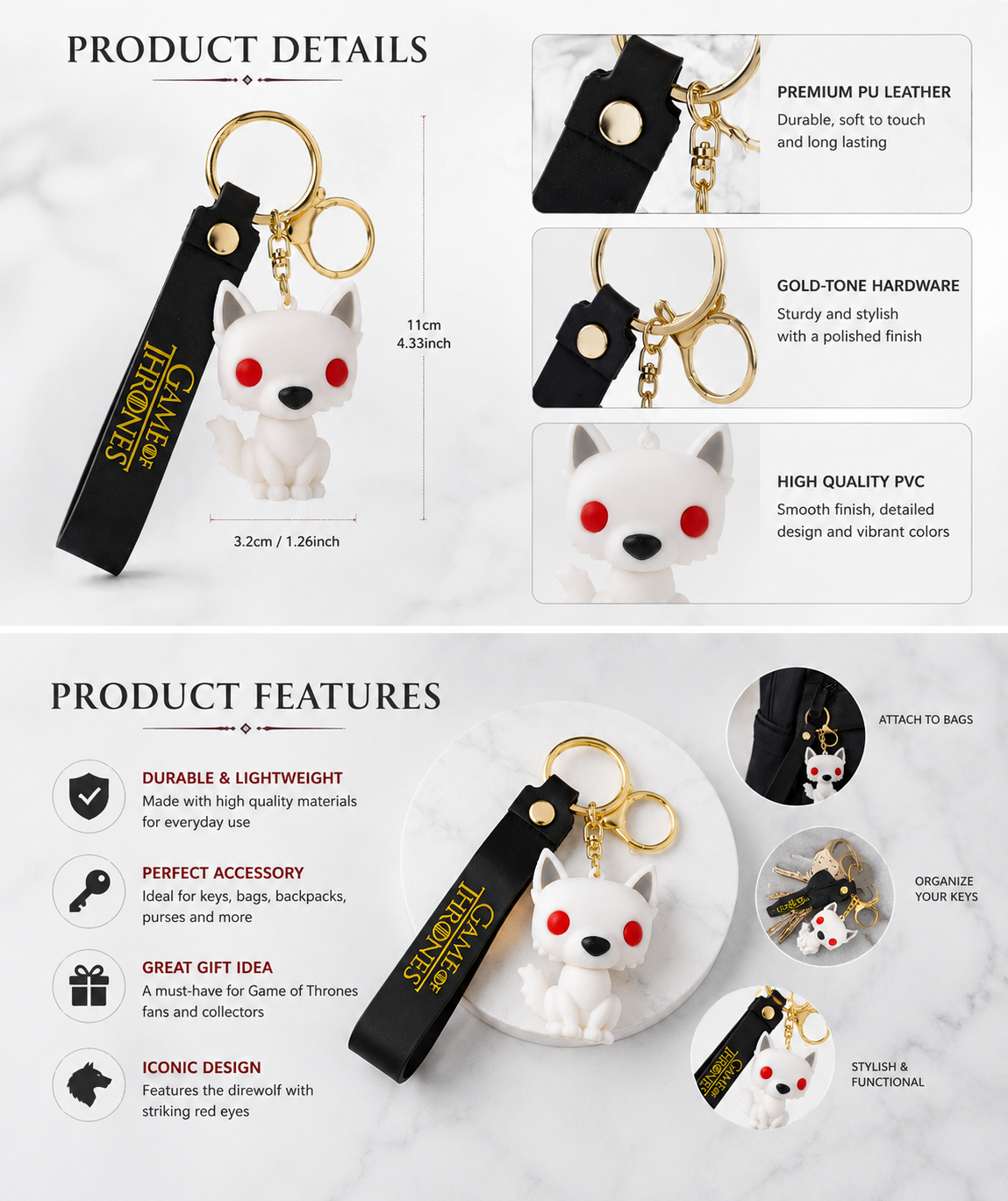 Game of Thrones White Direwolf Keychain | Cute PVC Wolf Character Charm with PU Leather Strap & Gold-Tone Hardware | Collectible Gift for Fans