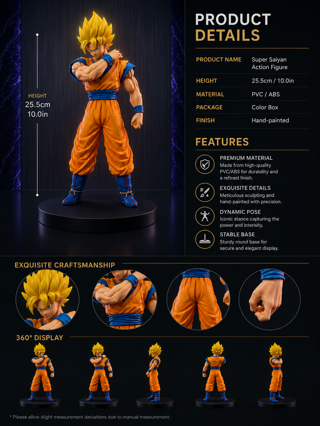 Goku Super Saiyan Action Figure | Dragon Ball Z Anime Collectible Toy with Display Stand | PVC/ABS Anime Character Statue for Kids, Fans, Desk Decor & Gifting