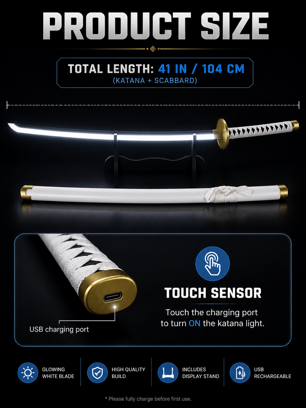 One Piece Zoro White LED Katana Sword | Wado Ichimonji Inspired 41 Inch Anime Sword with USB Rechargeable Touch Sensor Light, Scabbard & Display Stand