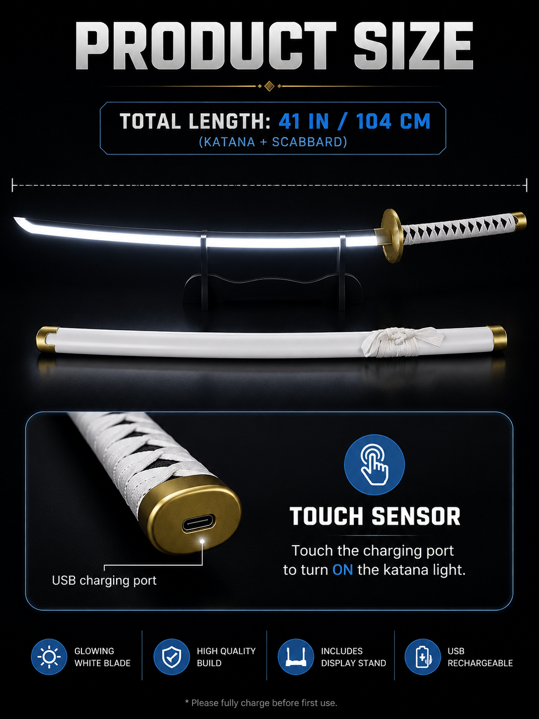 One Piece Zoro White LED Katana Sword | Wado Ichimonji Inspired 41 Inch Anime Sword with USB Rechargeable Touch Sensor Light, Scabbard & Display Stand