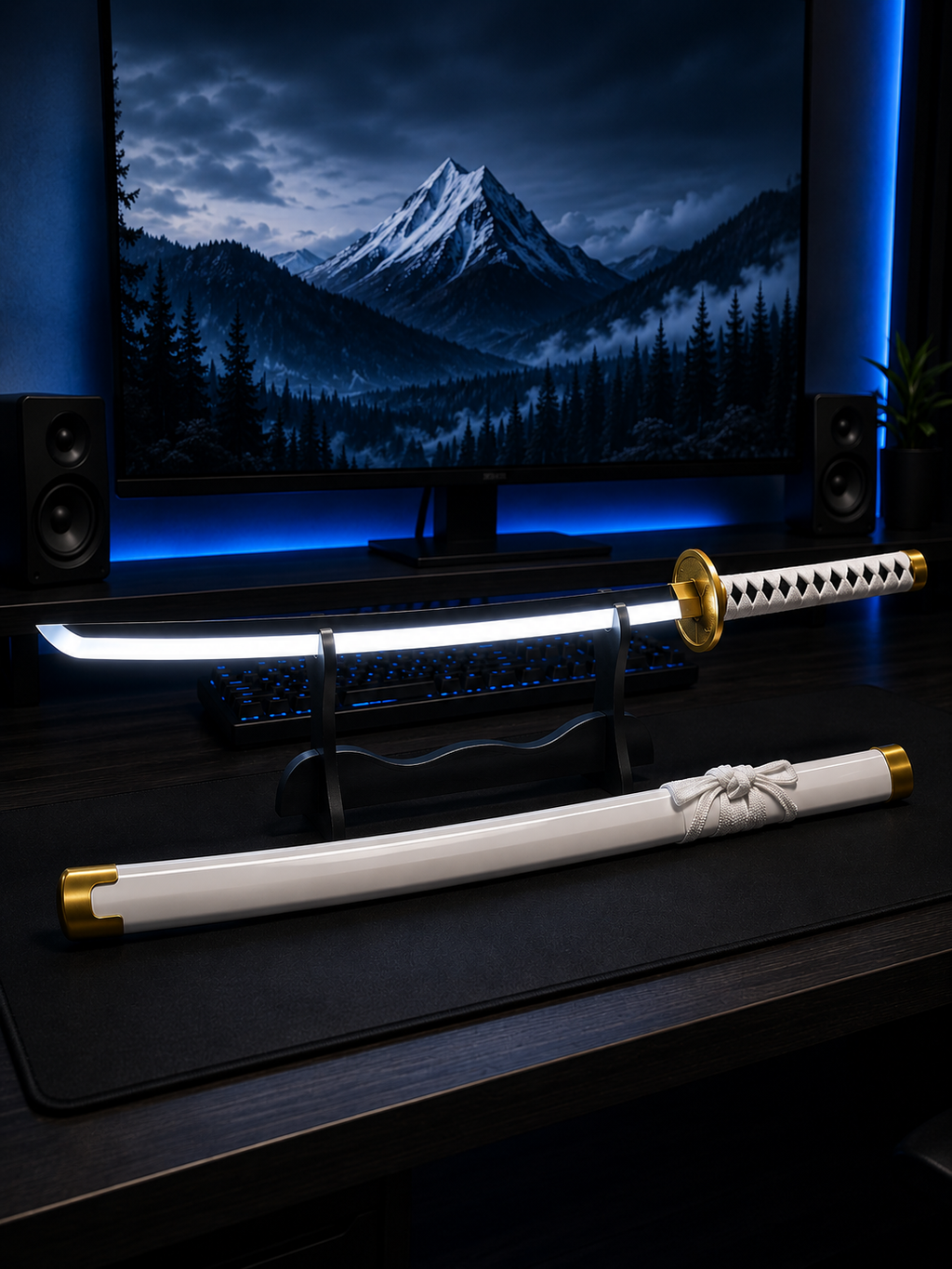 One Piece Zoro White LED Katana Sword | Wado Ichimonji Inspired 41 Inch Anime Sword with USB Rechargeable Touch Sensor Light, Scabbard & Display Stand