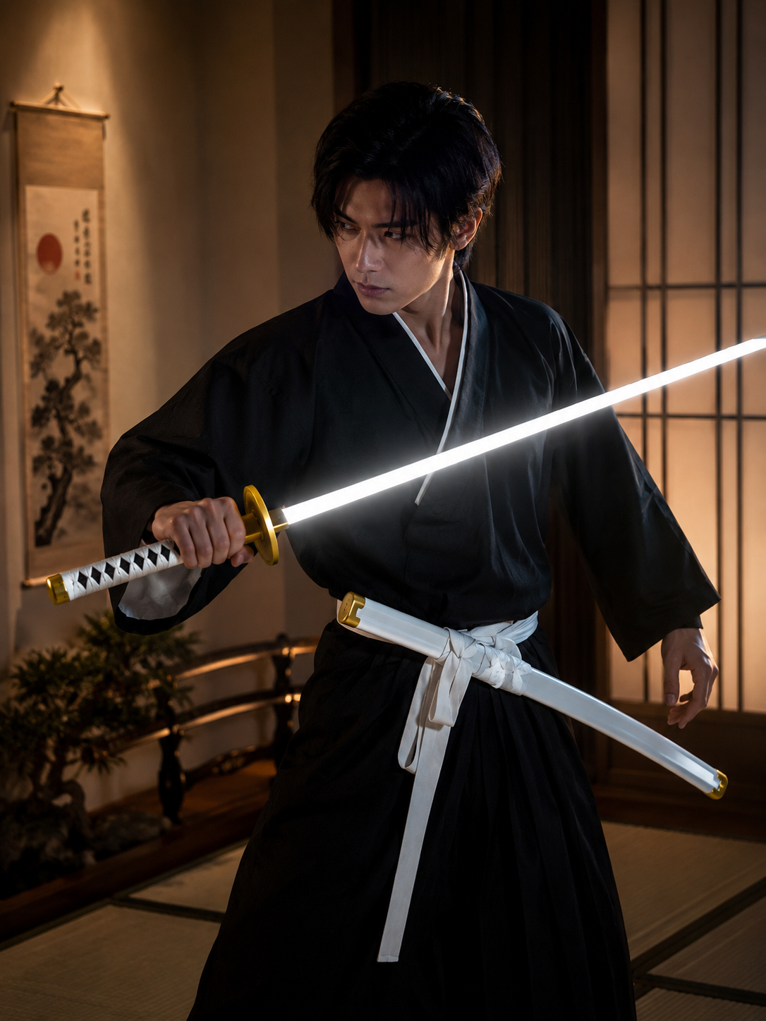 One Piece Zoro White LED Katana Sword | Wado Ichimonji Inspired 41 Inch Anime Sword with USB Rechargeable Touch Sensor Light, Scabbard & Display Stand