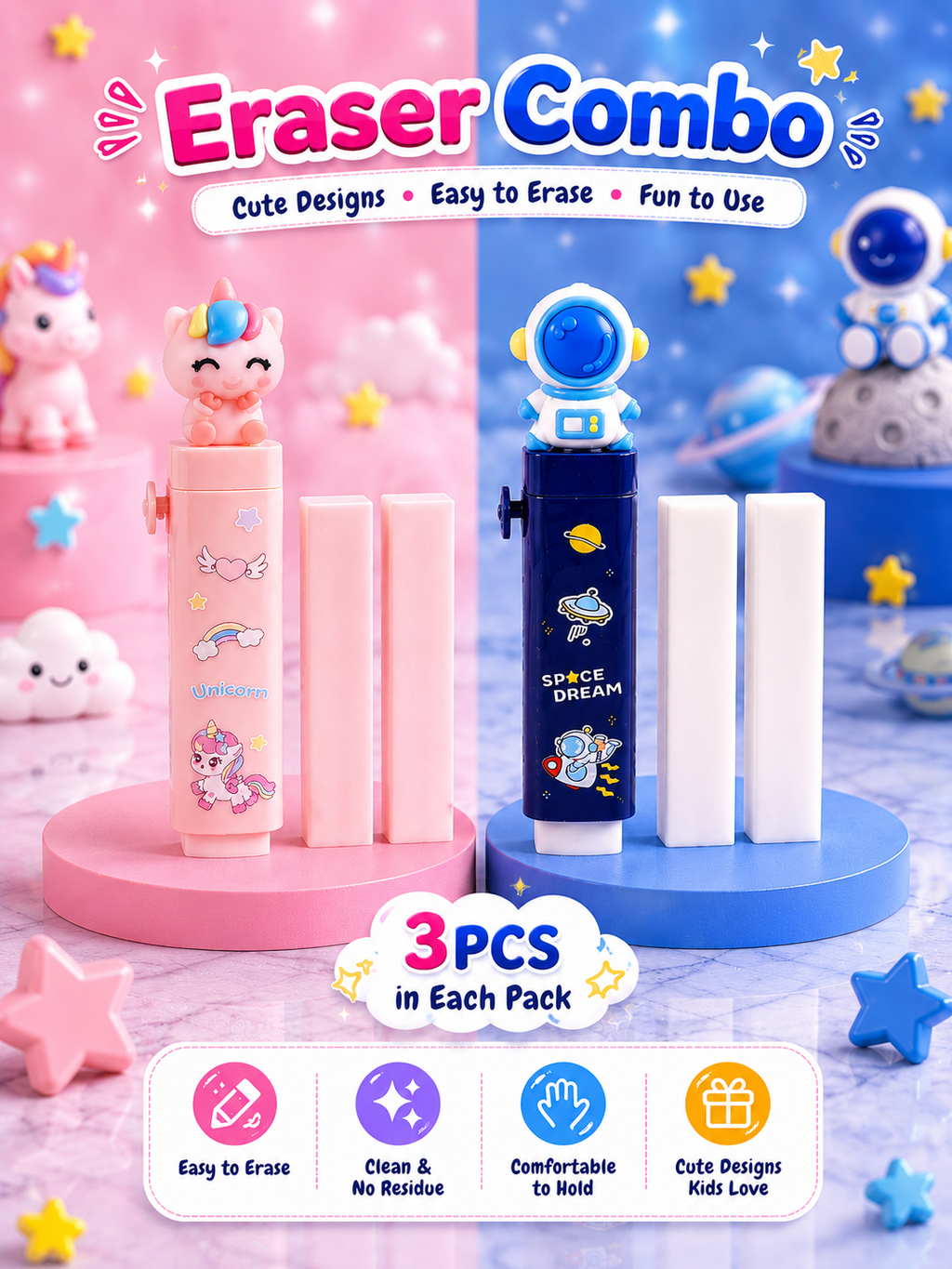 (pack of 2) Cartoon Push Pull Eraser Combo for Kids | Unicorn & Astronaut Theme Eraser Set with Refill Sticks | Cute School Stationery Rubber Eraser for Boys, Girls, Students, Pencil Box & Return Gifts
