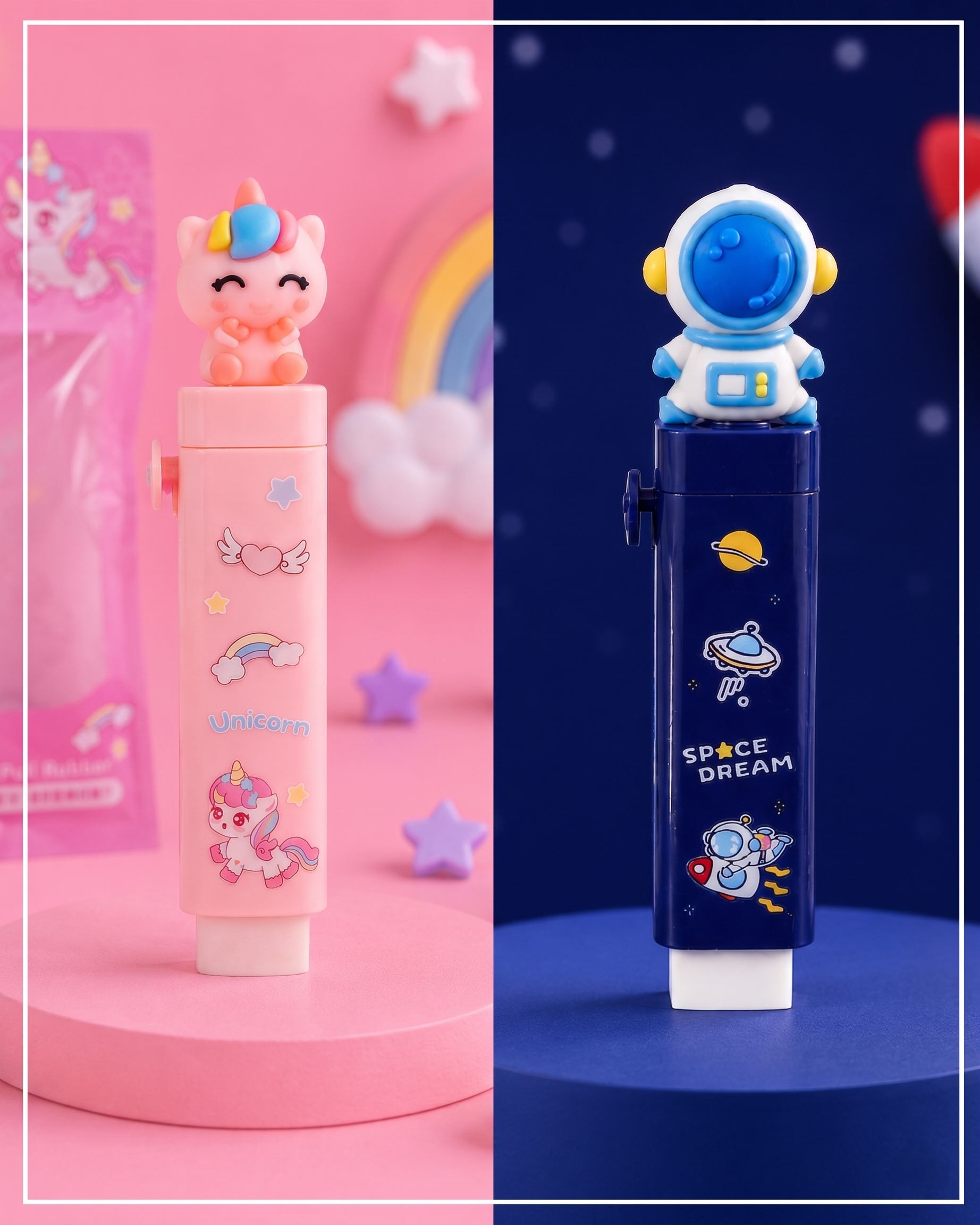 (pack of 2) Cartoon Push Pull Eraser Combo for Kids | Unicorn & Astronaut Theme Eraser Set with Refill Sticks | Cute School Stationery Rubber Eraser for Boys, Girls, Students, Pencil Box & Return Gifts