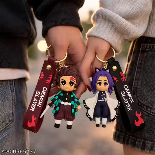 (Pack of 2) Demon Slayer Infinity Castle Keychain Set Tanjiro Kamado & Shinobu Kocho Cute Anime Couple Keyring with Strap | PVC Cartoon Charm for Bag, Bike, Car & Gift