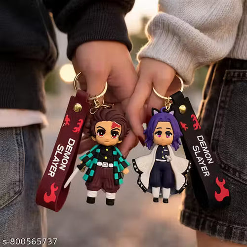 (Pack of 2) Demon Slayer Infinity Castle Keychain Set Tanjiro Kamado & Shinobu Kocho Cute Anime Couple Keyring with Strap | PVC Cartoon Charm for Bag, Bike, Car & Gift