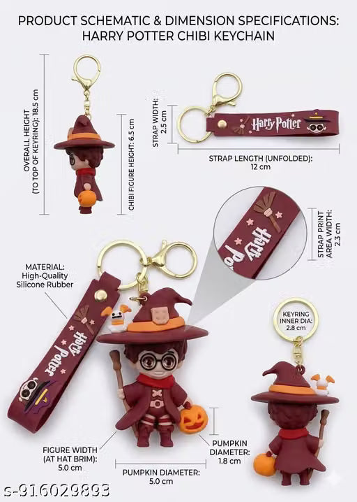 Harry Potter Wizard Keychain | Cute Chibi Character PVC Bag Charm with Magic Theme Strap, Metal Ring & Clasp | Fantasy Collectible Accessory for Fans
