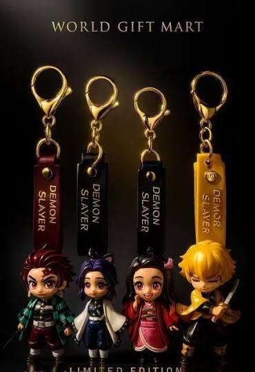 World Gift Mart Demon Slayer Infinity Anime Metallic Keychain Set of 4 | Tanjiro Nezuko Zenitsu Shinobu Chibi Key Rings for Bags, Bike & Car Keys | Premium Anime Gift