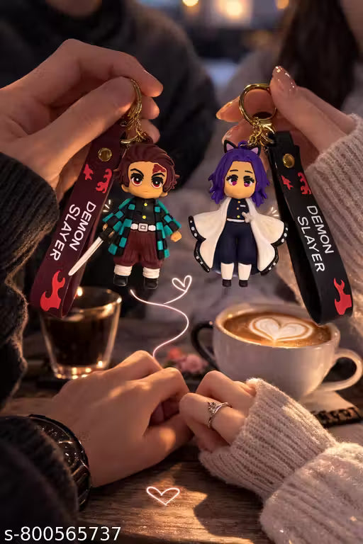 (Pack of 2) Demon Slayer Infinity Castle Keychain Set Tanjiro Kamado & Shinobu Kocho Cute Anime Couple Keyring with Strap | PVC Cartoon Charm for Bag, Bike, Car & Gift