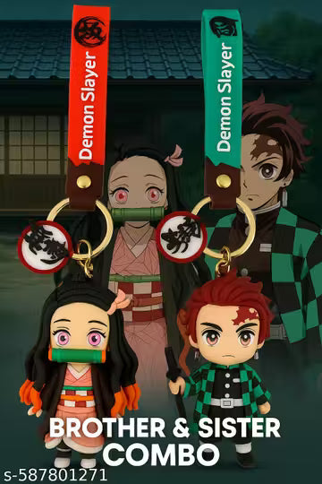Stylish Demon Slayer Brother-Sister Combo Keychain Set | Tanjiro & Nezuko Cute Anime Keyring with Premium Strap | Limited Edition Gift for Friends & Couples
