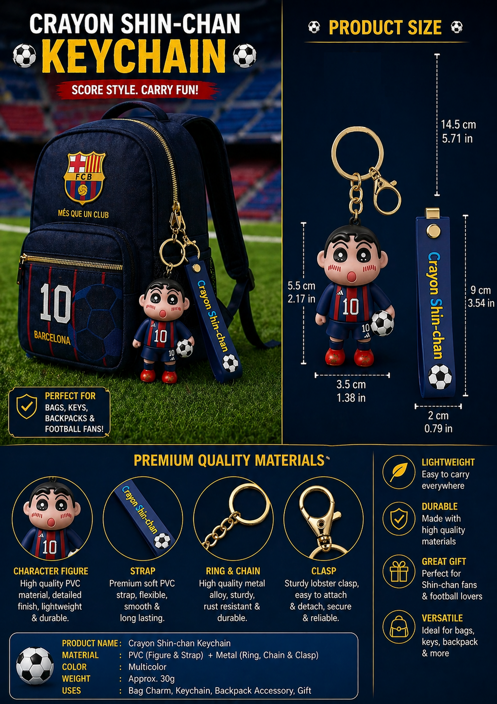 Crayon Shin-chan Football Keychain | Cute Shinchan Soccer Character PVC Charm with Soft Strap & Metal Clasp | Bag Charm, Key Holder, Backpack Accessory & Gift for Football Fans
