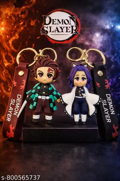 (Pack of 2) Demon Slayer Infinity Castle Keychain Set Tanjiro Kamado & Shinobu Kocho Cute Anime Couple Keyring with Strap | PVC Cartoon Charm for Bag, Bike, Car & Gift