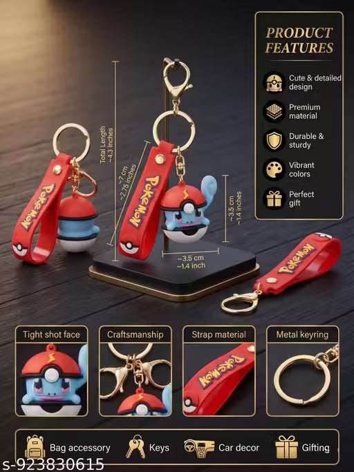 Squirtle Pokémon Keychain with Premium PVC Strap & Metal Ring Cute Cartoon Bag Charm for Keys, Backpack & Car Decor Gift