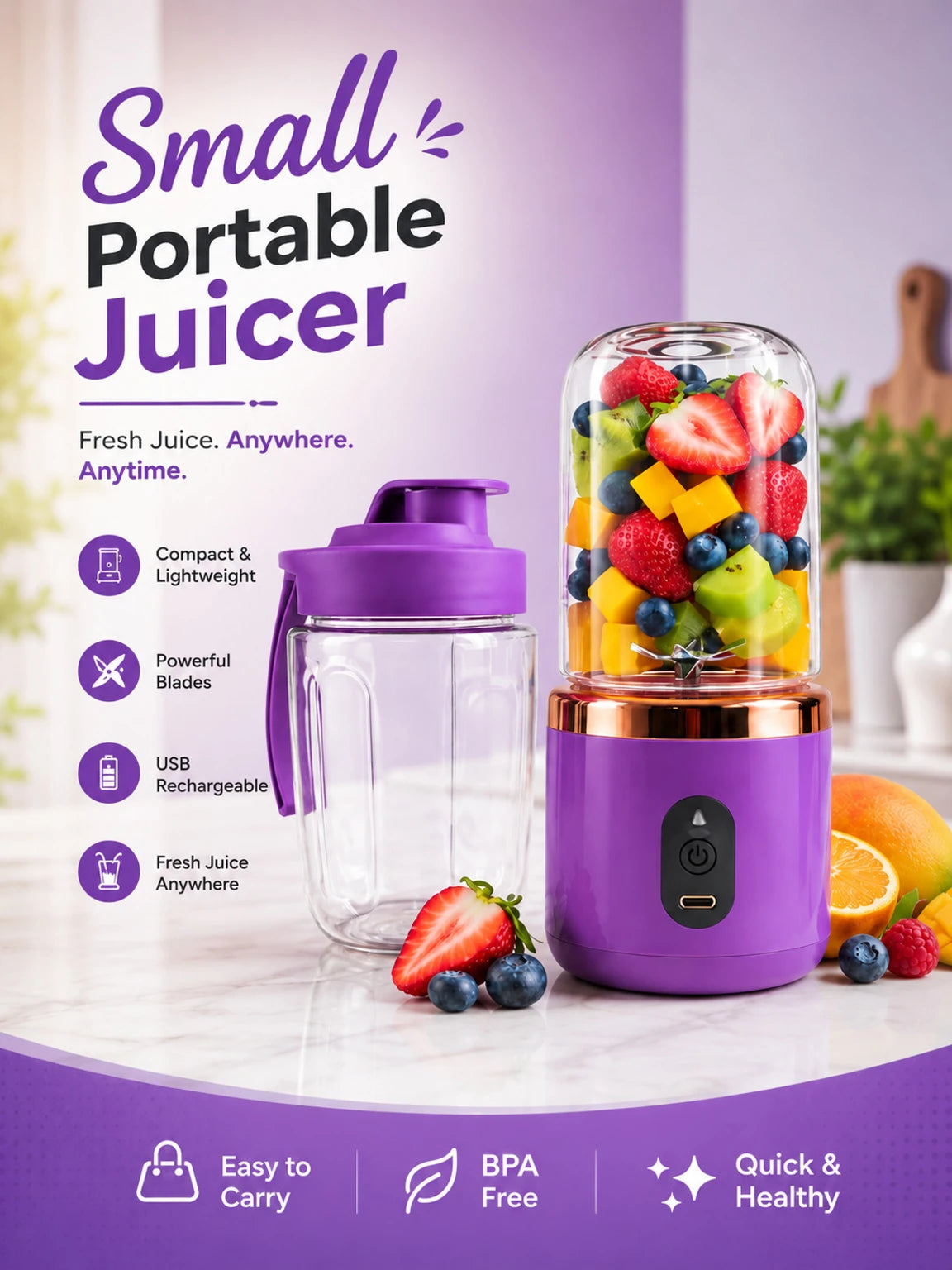 World Gift Mart Plastic Portable USB Rechargeable Personal Blender & Smoothie Maker Bottle| Fruit Juicer Hand Juicer (Purple)