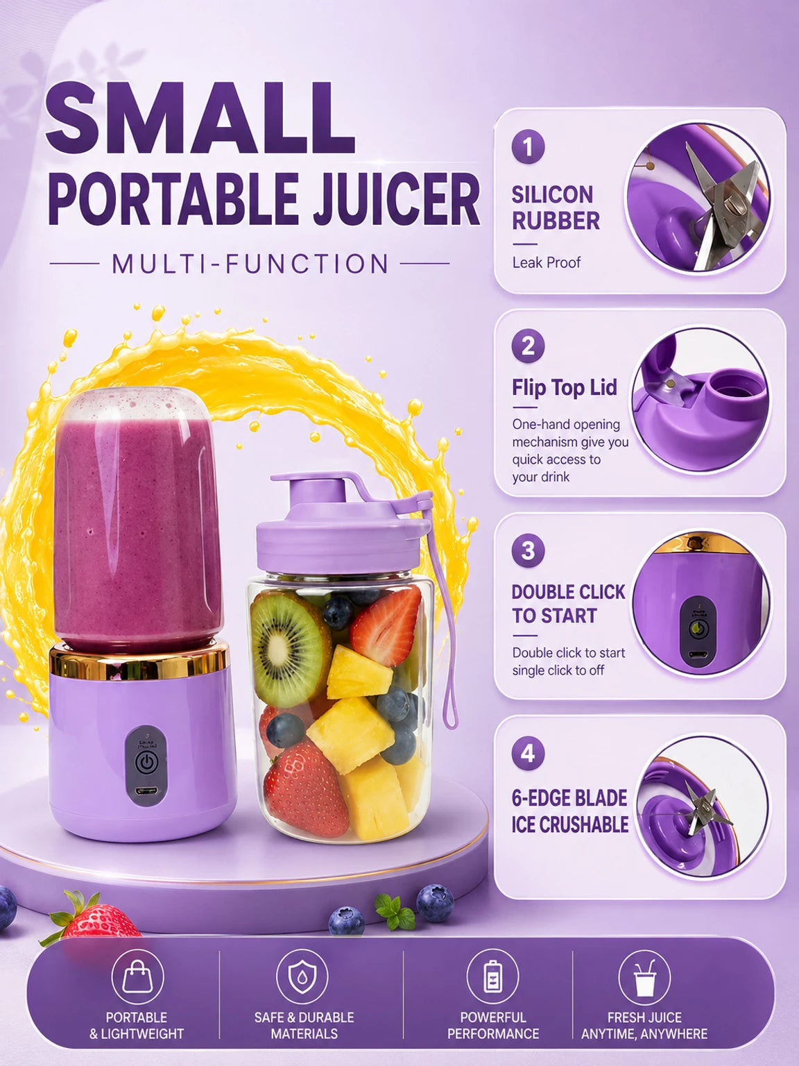 World Gift Mart Plastic Portable USB Rechargeable Personal Blender & Smoothie Maker Bottle| Fruit Juicer Hand Juicer (Purple)