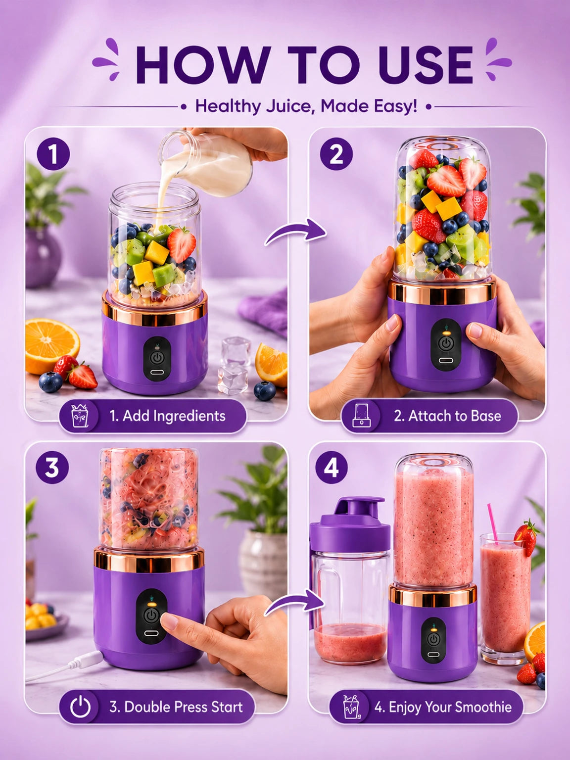 World Gift Mart Plastic Portable USB Rechargeable Personal Blender & Smoothie Maker Bottle| Fruit Juicer Hand Juicer (Purple)